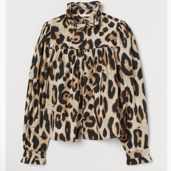 H&M Ruffle-trimmed Leopard print long sleeve Blouse women’s size  XL - Picture 1 of 9